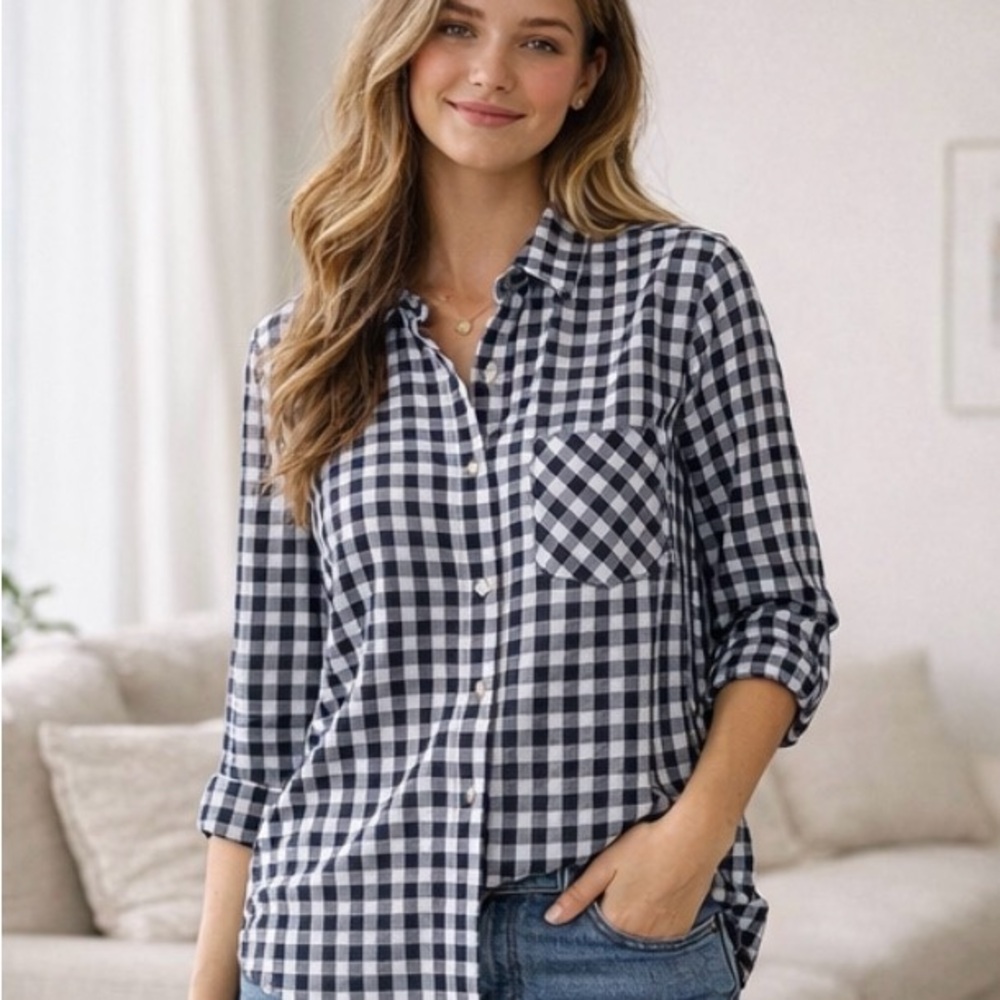 Women's Navy and White Gingham Check woven dress shirt top cottagecore spring